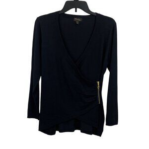 Thalia Sodi Black Faux-Wrap Pullover Sweater V-Neck With Gold Zipper Trim Medium
